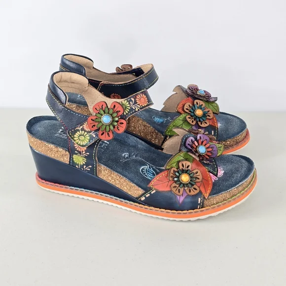 L’Artiste Gazebo Floral Leather Platform Wedge Sandals EU 38 US Size 7.5-8 - Picture 4 of 9